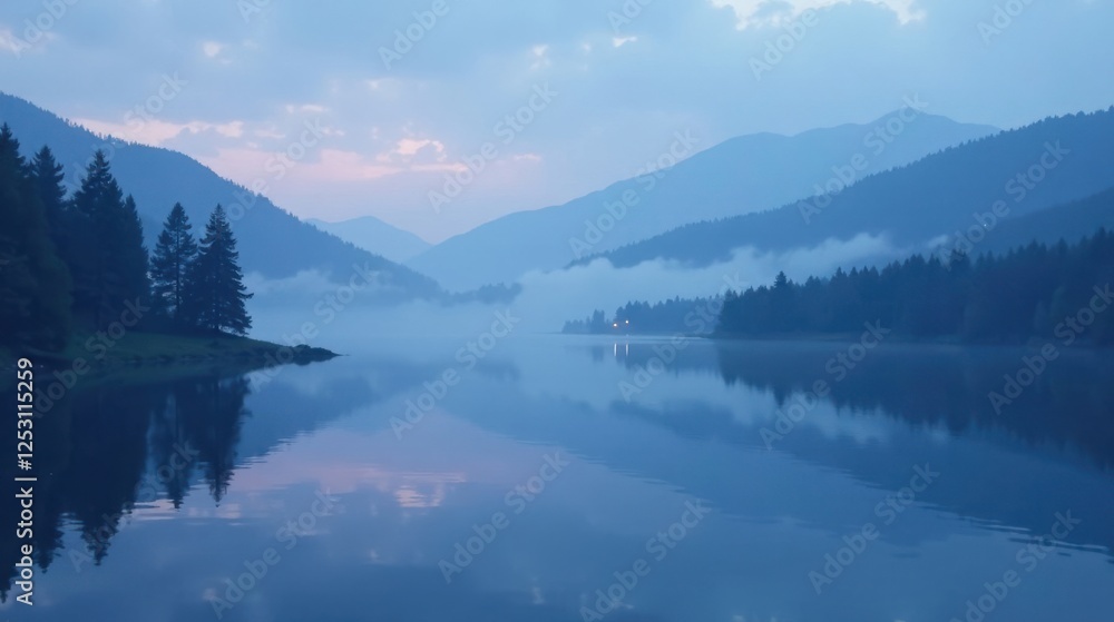 Fototapeta premium Serene Twilight Landscape Misty Mountains Mirrored in a Calm Lake at Dusk