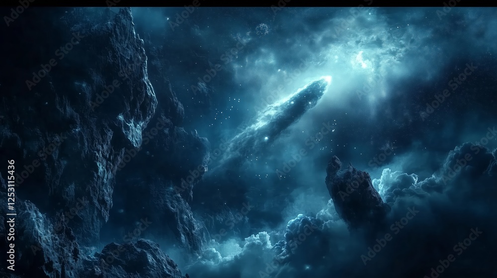 Obraz premium Cometa en el cielo, estrella en el firmamento, fondo azul marino foto realista