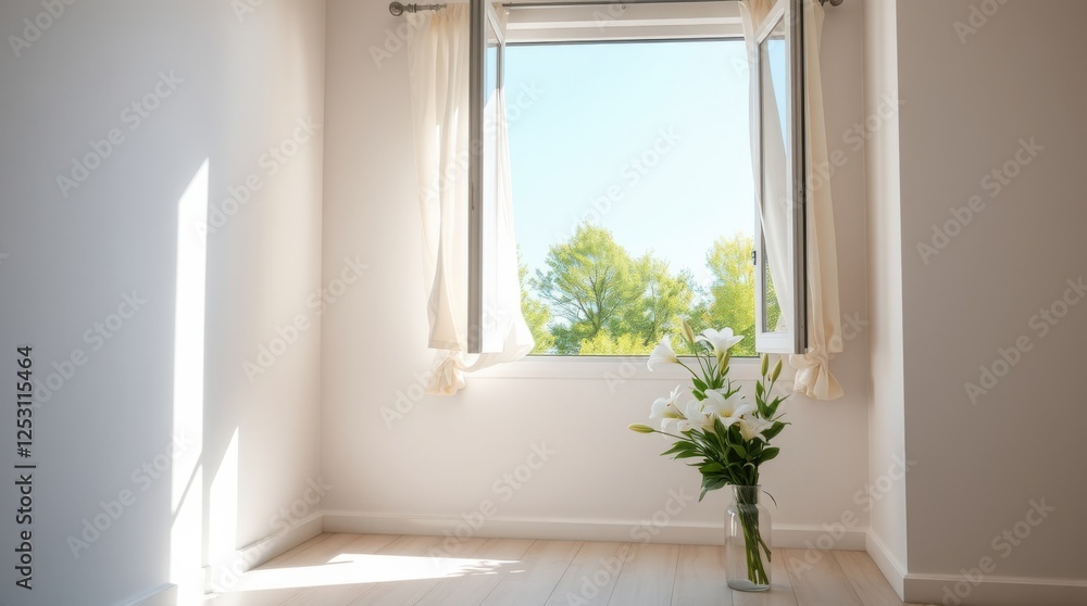 Bright room with open window, sheer curtains, vase of white lilies, and light wood floor. Bright room with open window, sheer curtains, vase of white lilies, and light wood floor.