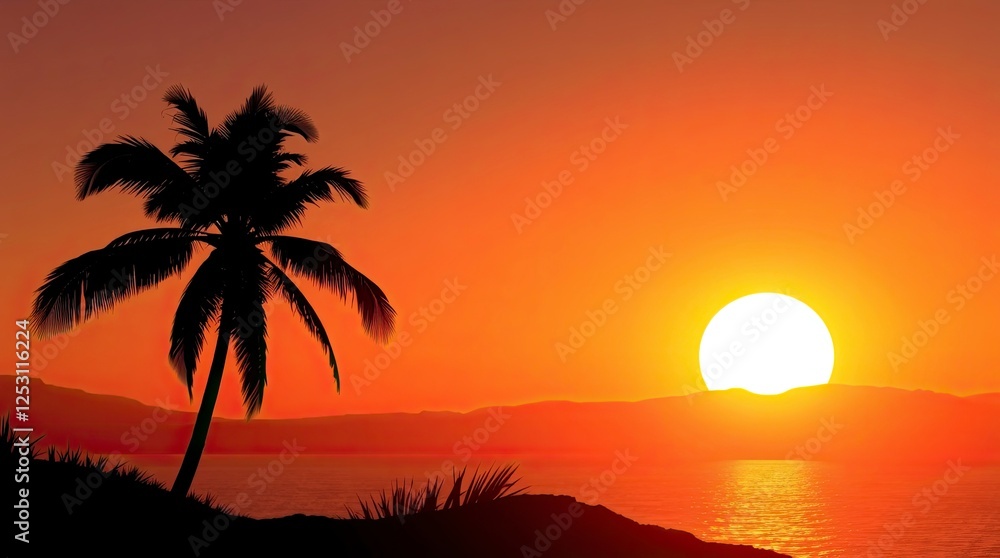 Palm Tree Silhouette at Tropical Sunset with Ocean View Palm Tree Silhouette at Tropical Sunset with Ocean View