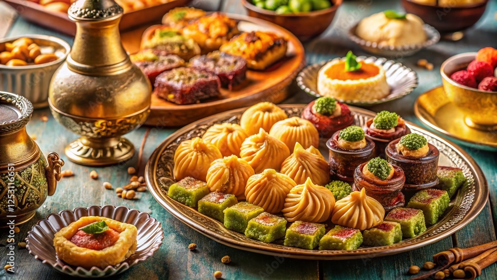 Fototapeta premium Pastel Arabic Calligraphy Dessert Platter: Elegant Ramadan Feast Food Photography