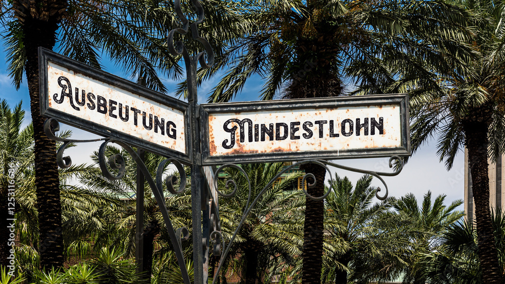 Fototapeta premium Signposts the direct way to minimum wage versus exploitation