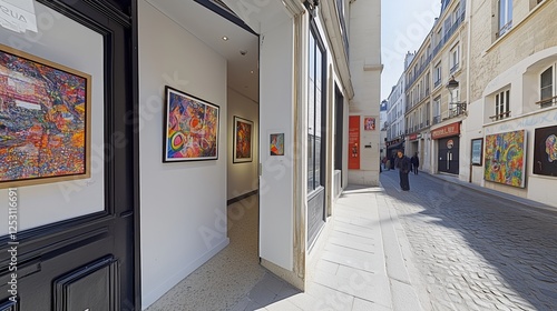 Fototapeta Naklejka Na Ścianę i Meble -  Corner angle, parisian small modern art gallery, with modern art and paintings on the ways, bright,light and airy, door entrance to street on the right hand side, real photography