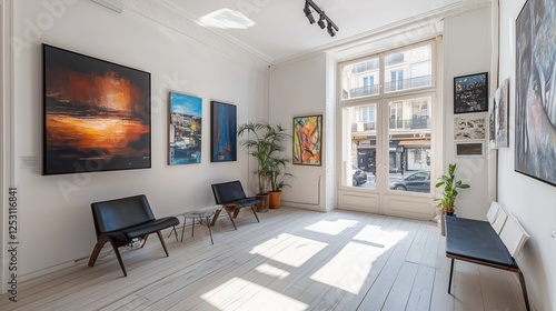 Fototapeta Naklejka Na Ścianę i Meble -  Corner angle, parisian small modern art gallery, with modern art and paintings on the ways, bright,light and airy, door entrance to street on the right hand side, real photography