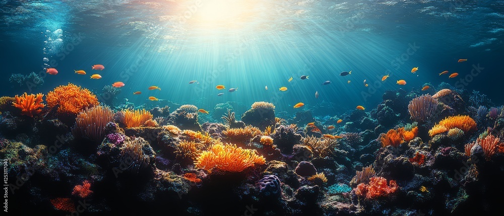 Fototapeta premium Vibrant Coral Reef Ecosystem With Sun Rays