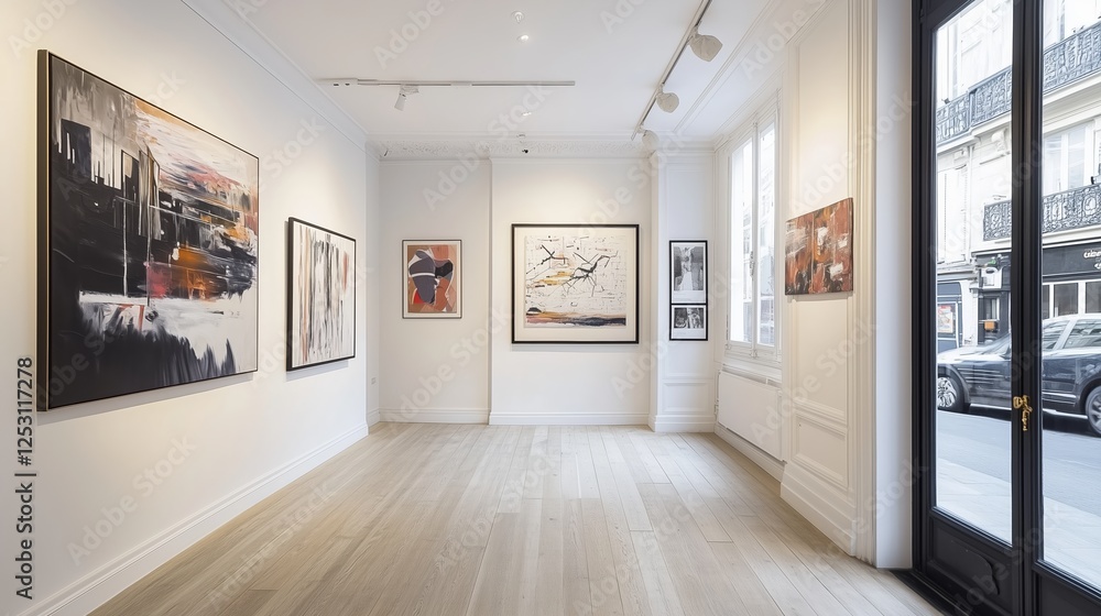 Fototapeta premium Corner angle, parisian small modern art gallery, with modern art and paintings on the ways, bright,light and airy, door entrance to street on the right hand side, real photography