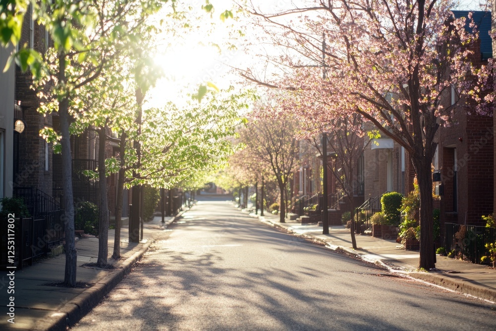 A tree-lined street with warm sunlight and blooming trees. Perfect spring day. A tree-lined street with warm sunlight and blooming trees. Perfect spring day.