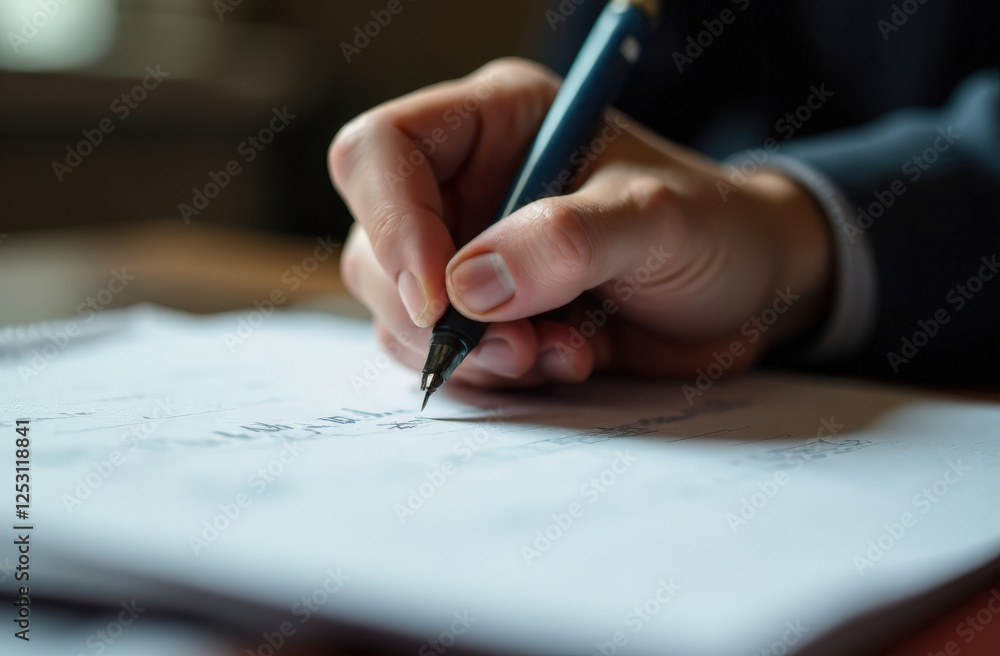 Close-up of a person's hand holding a ballpoint pen and writing on a white paper Close-up of a person's hand holding a ballpoint pen and writing on a white paper