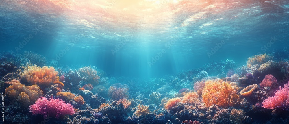 Fototapeta premium Underwater Coral Reef With Sunlight