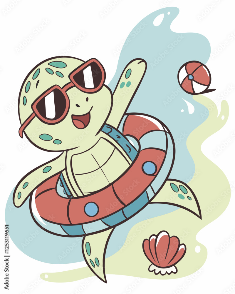 Obraz premium Cool Cartoon Sea Turtle with Sunglasses, Lifebuoy, and Tropical Drink - Perfect for Summer Designs.