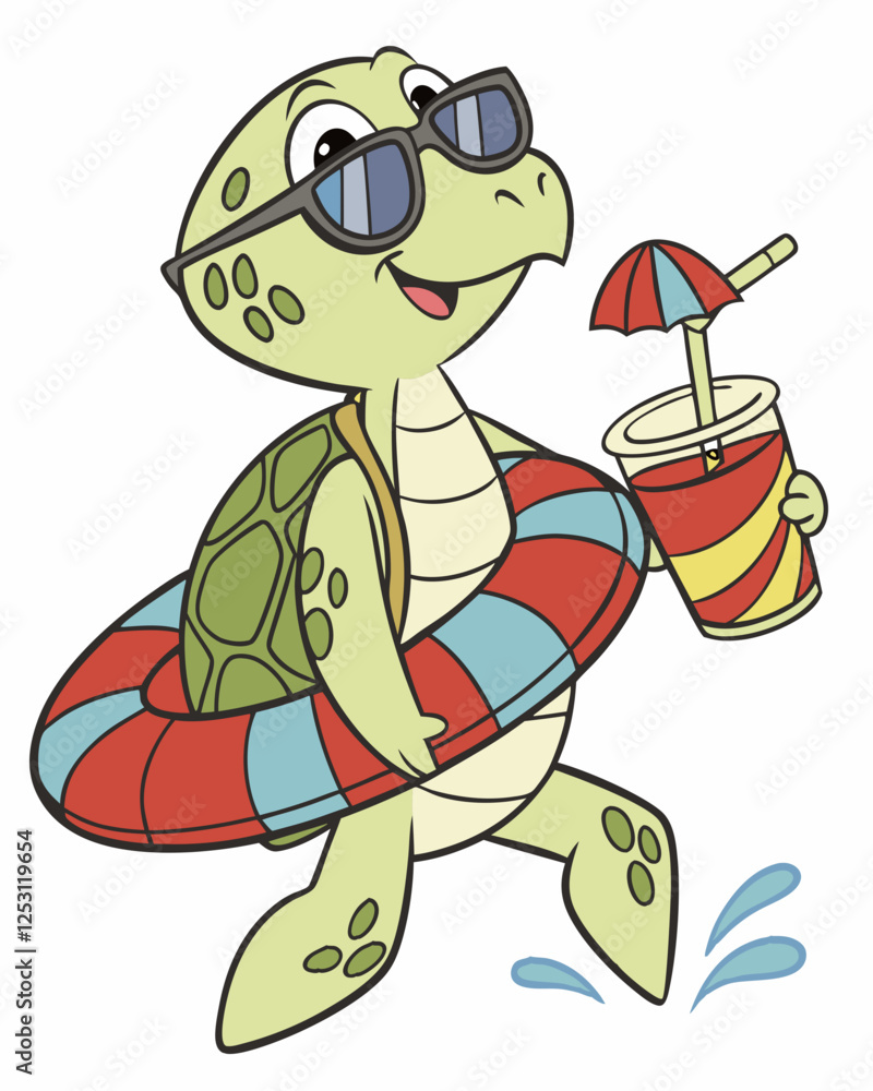 Obraz premium Cool Cartoon Sea Turtle with Sunglasses, Lifebuoy, and Tropical Drink - Perfect for Summer Designs.