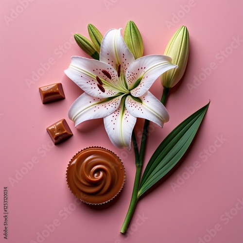 A lily flower and caramelfilled chocolate on plain pink background photo