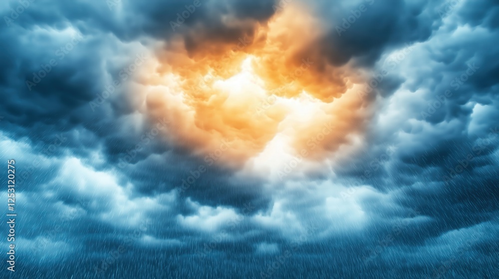 Fototapeta premium A dramatic sky with vibrant orange light breaking through heavy storm clouds, with a light drizzle creating a moody atmosphere