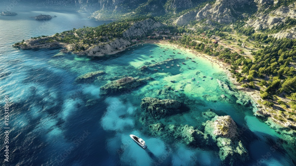 Aerial View of a Secluded Mediterranean Cove with Turquoise Waters and a Yacht Aerial View of a Secluded Mediterranean Cove with Turquoise Waters and a Yacht