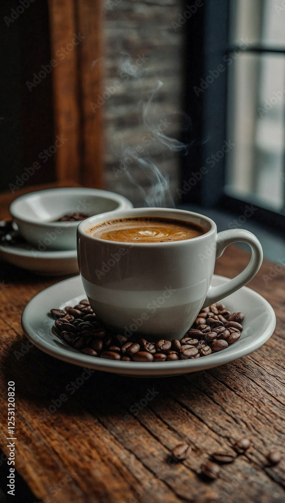 Cozy coffee scene with a white mug and accompanying beans on a textured table. Cozy coffee scene with a white mug and accompanying beans on a textured table.