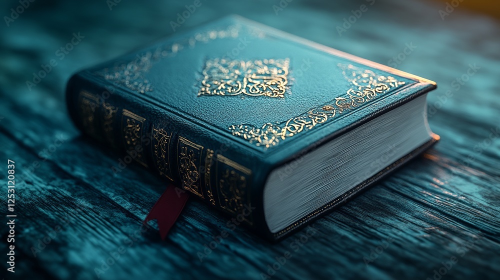 An ornate leather-bound book resting on a wooden table, showcasing intricate gold detailing on the cover. An ornate leather-bound book resting on a wooden table, showcasing intricate gold detailing on the cover.
