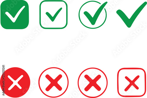 A collection of simple, easily recognizable green checkmarks and red crosses, perfect for user interface design, form submissions, or any application needing clear feedback indicators.