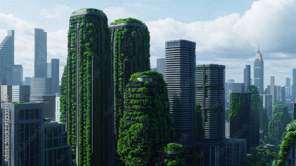 Fototapeta premium Futuristic Cityscape with Greenery on Skyscrapers and Urban Landscape