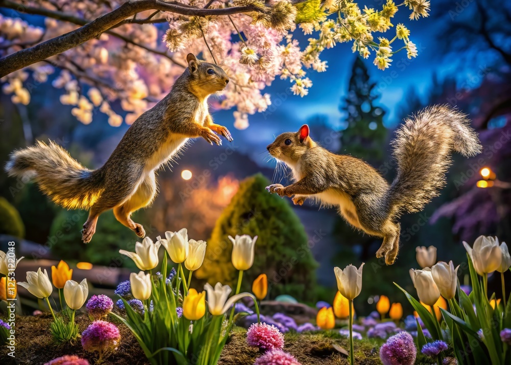 Obraz premium Playful Spring Squirrels Frolicking at Night in Salt Lake City's International Peace Garden