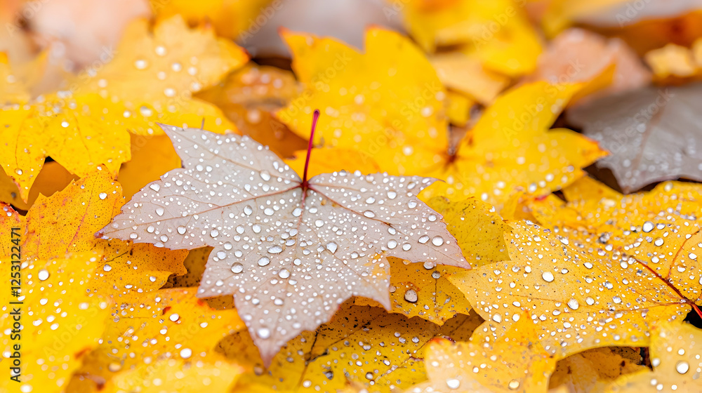 Autumn leaves with dew drops, park setting, nature background, fall season Autumn leaves with dew drops, park setting, nature background, fall season