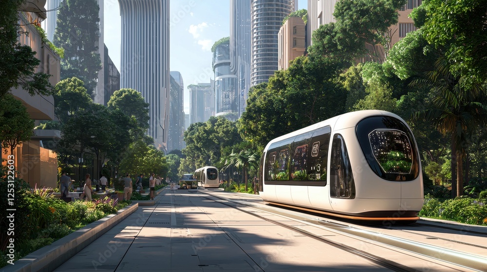 Futuristic Tram in a Green Urban Landscape with Modern Architecture Futuristic Tram in a Green Urban Landscape with Modern Architecture
