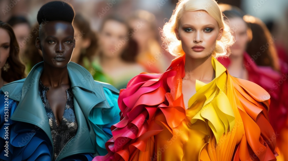 Fashion models marching for equal rights at a pride parade, celebrating diversity and inclusion Fashion models marching for equal rights at a pride parade, celebrating diversity and inclusion