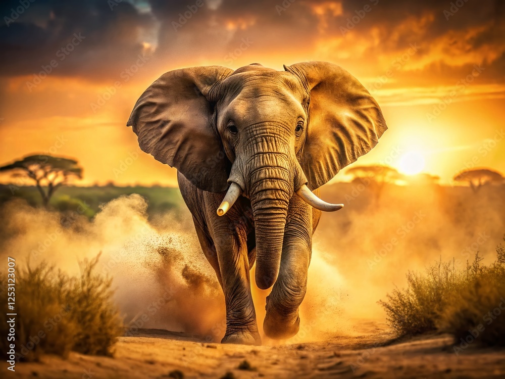 Fototapeta premium Powerful Charging Elephant in Dusty African Savannah Landscape