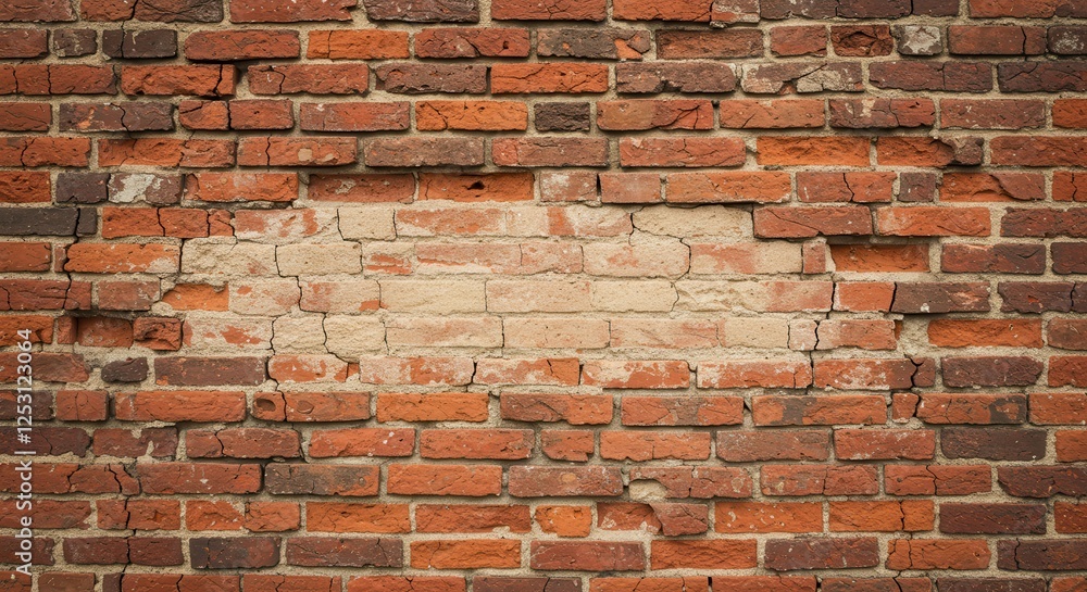 Obraz premium Weathered brick wall with exposed mortar, showcasing texture and color variations, ideal for backgrounds
