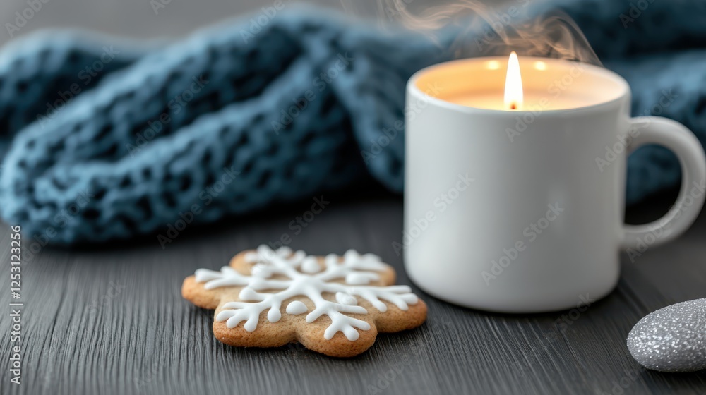 A cozy winter scene with a steaming mug and snowflake-shaped cookie on a rustic table, evoking warmth and comfort. A cozy winter scene with a steaming mug and snowflake-shaped cookie on a rustic table, evoking warmth and comfort.