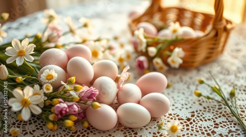 Elegant Easter eggs and flowers in a basket on a lace tablecloth, soft pastel colors evoke springtime