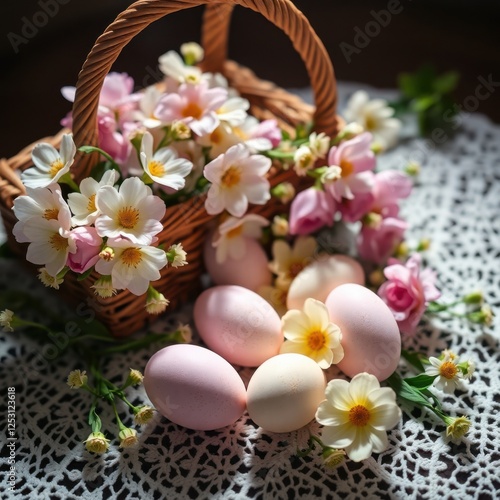 Floral Easter basket filled with eggs and flowers on a doily, highlighting the soft and delicate colors.