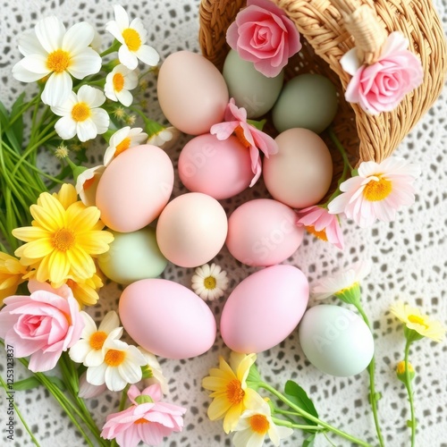 Pastel eggs and vibrant blooms create an idyllic scene. A gentle hint of spring's promise whispers.