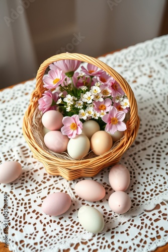 A wicker basket filled with pastel-colored eggs and delicate flowers on a decorative lace tablecloth.