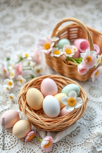 Pastel Easter Eggs: A delicate arrangement of colored eggs in wicker baskets adorned with soft flowers.