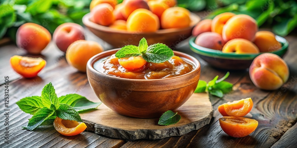 Delicious Apricot Jam with Fresh Apricots and Mint Leaves Delicious Apricot Jam with Fresh Apricots and Mint Leaves