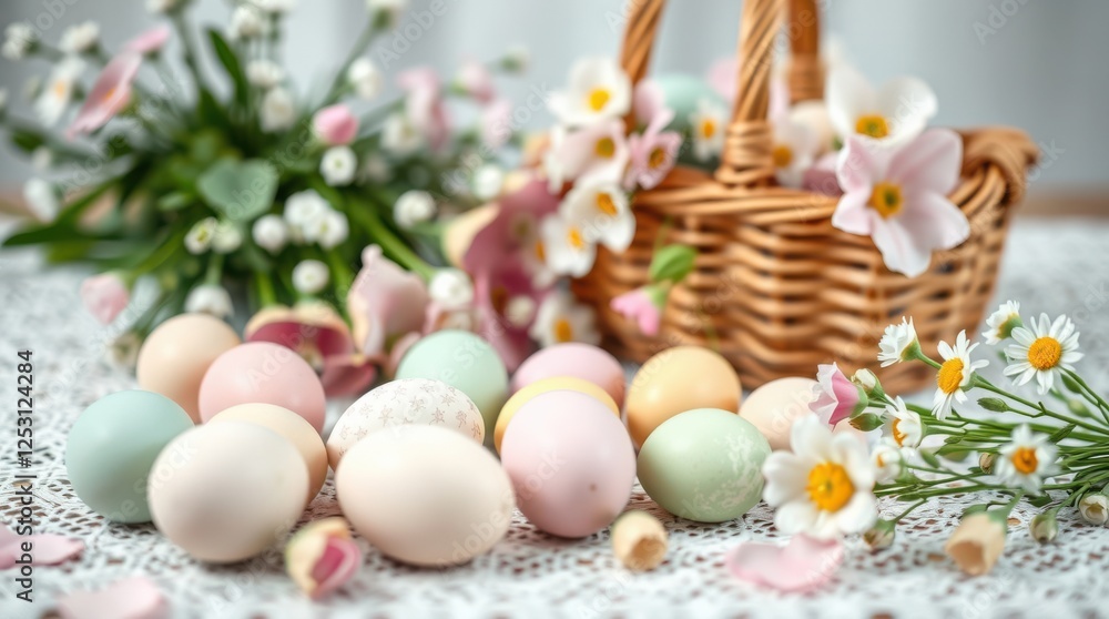 Pastel Easter eggs and spring flowers, including daisies, in a basket on a delicate lace tablecloth.