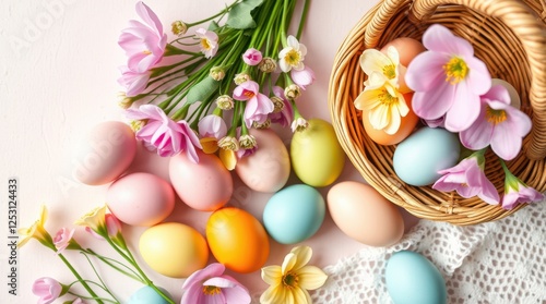 A vibrant assortment of pastel eggs scattered around a woven basket adorned with delicate pink flowers.