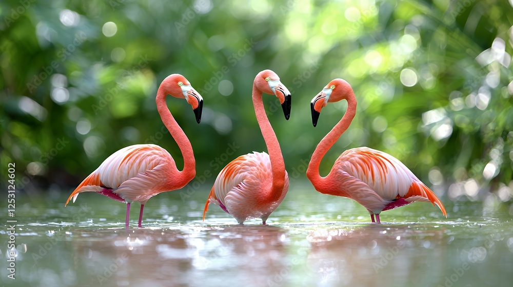 Fototapeta premium Three flamingos wading in tropical lagoon, lush foliage background
