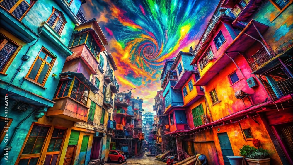 Fototapeta premium Psychedelic Urban Exploration: Vivid Colors & Altered Reality