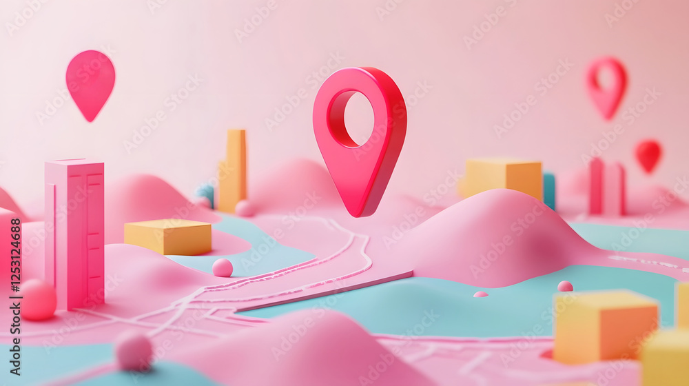 Abstract geometric pink location marker icon 3D render on a minimalist pastel pink and blue backdrop Digital design with shapes patterns and a modern creative look Abstract geometric pink location marker icon 3D render on a minimalist pastel pink and blue backdrop Digital design with shapes patterns and a modern creative look