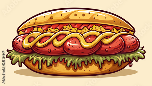 Juicy bratwurst sausages on a bun with sauerkraut, dripping with mustard, hearty and satisfying