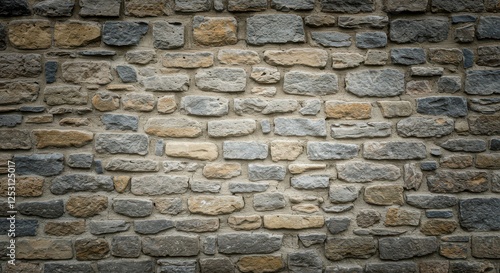 Textured stone wall with a mix of gray and beige stones  showcasing rustic charm and durability