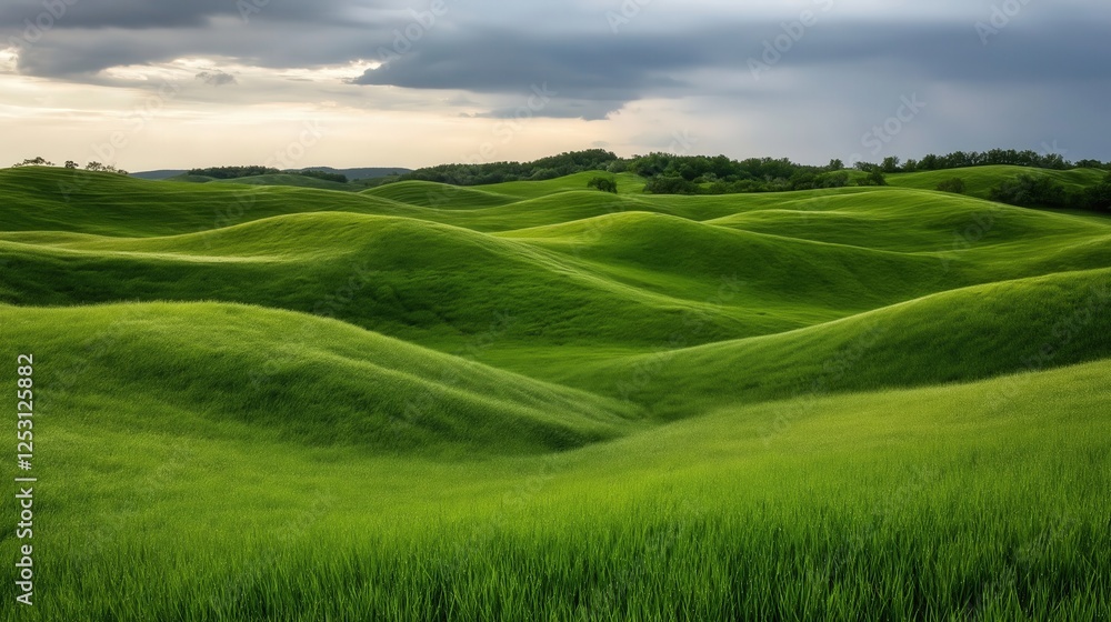 A mesmerizing landscape of rolling green hills covered in lush grass under a cloudy sky, creating a serene and dreamlike atmosphere A mesmerizing landscape of rolling green hills covered in lush grass under a cloudy sky, creating a serene and dreamlike atmosphere