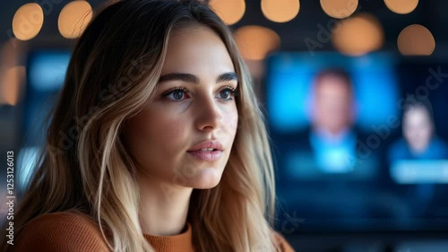 Wallpaper Mural Joyful young woman smiling brightly under soft lights in a contemporary indoor setting Torontodigital.ca