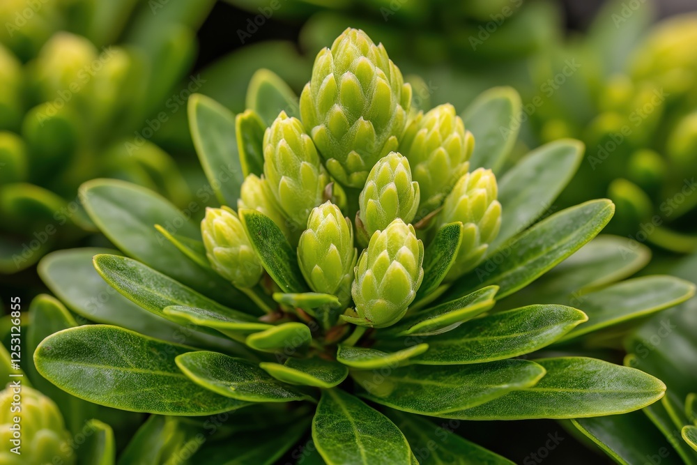 Fototapeta premium A detailed macro shot of fresh green shrub buds surrounded by lush foliage, capturing the essence of spring growth
