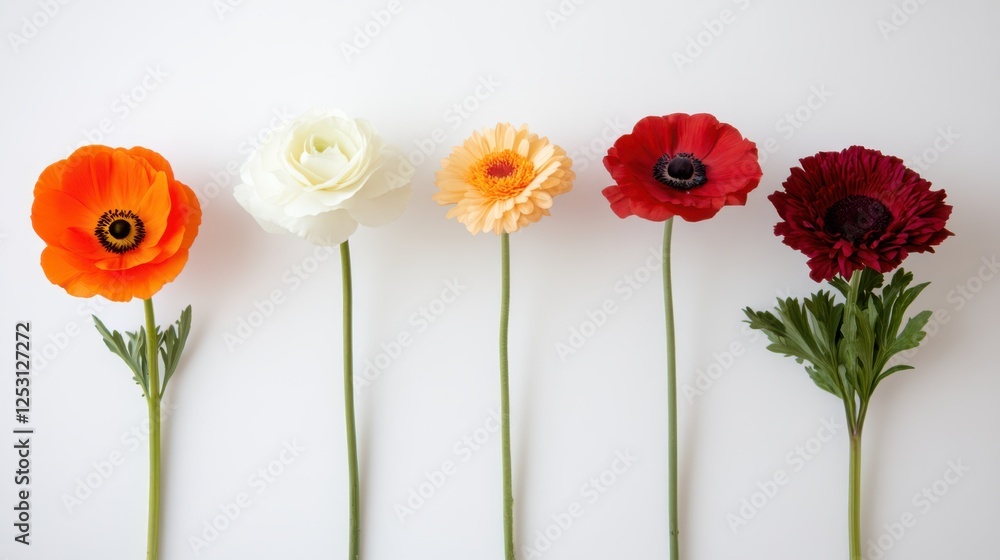 Obraz premium Five vividly colored blooms, ranging from red to white, are elegantly displayed against a pristine white background, reflecting natural beauty and simplicity.