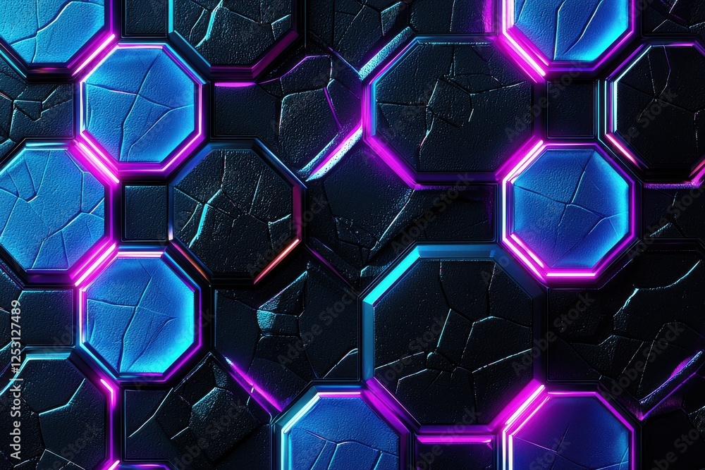 Stunning seamless pattern of glowing neon hexagons in vibrant blue and purple on a sleek black backdrop Stunning seamless pattern of glowing neon hexagons in vibrant blue and purple on a sleek black backdrop