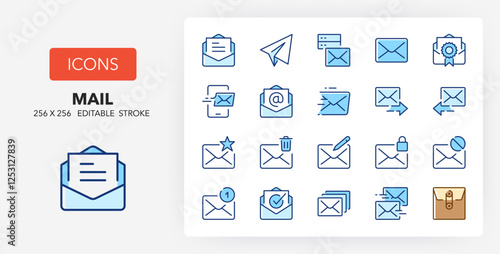 Line icons about mail amd email conceps. Contains such icons as newsletter, spam, sms and more. 256x256 Pixel Perfect editable in two colors