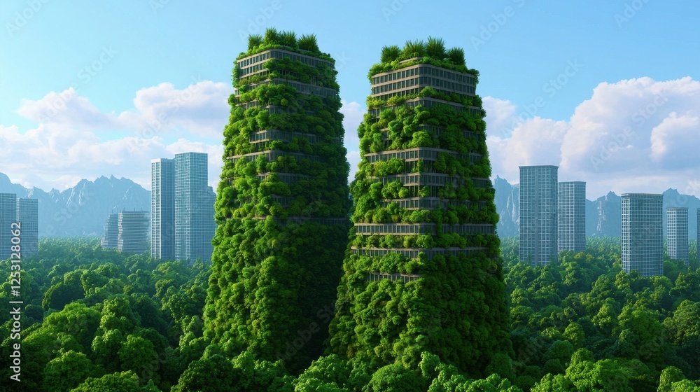 Fototapeta premium Modern Eco-Friendly Skyscrapers Surrounded by Lush Greenery