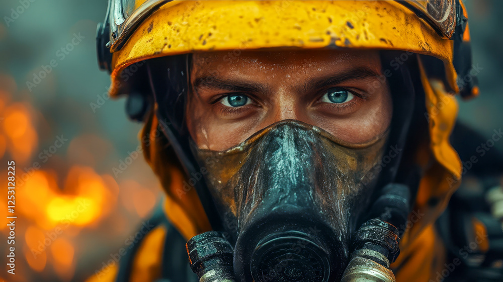A firefighter in a yellow helmet, respirator and full protective gear stands in a smoky area A firefighter in a yellow helmet, respirator and full protective gear stands in a smoky area